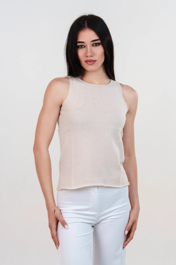 Twinset met opengewerkte V-hals en effen gebreid tanktopje van kasjmiermix