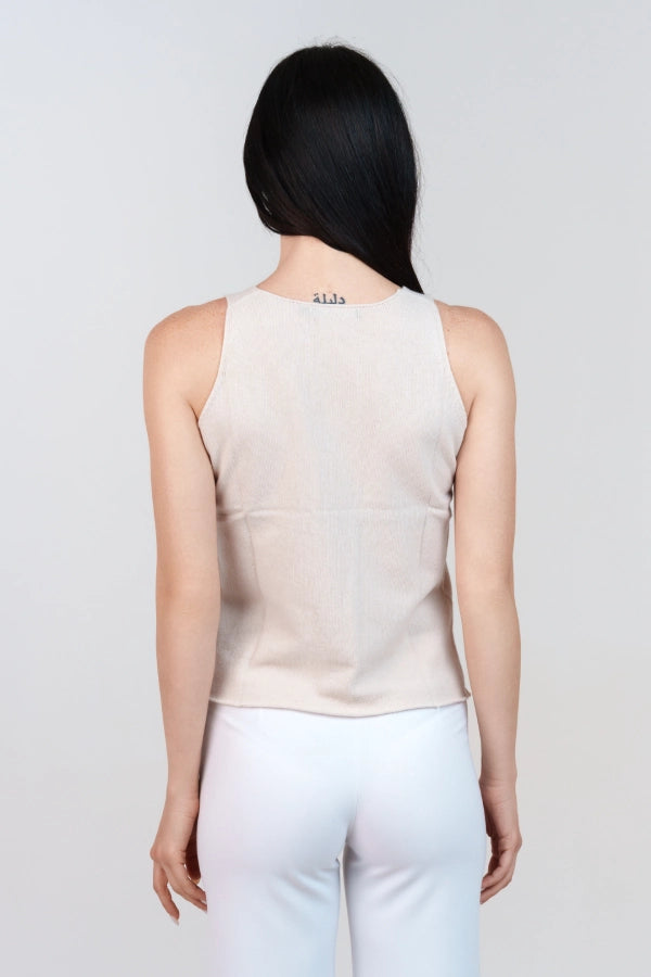 Twinset met opengewerkte V-hals en effen gebreid tanktopje van kasjmiermix