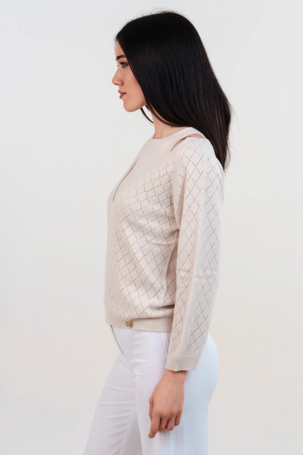 Twin set con scollo a V traforato e canotta a maglia rasata in cashmere blend