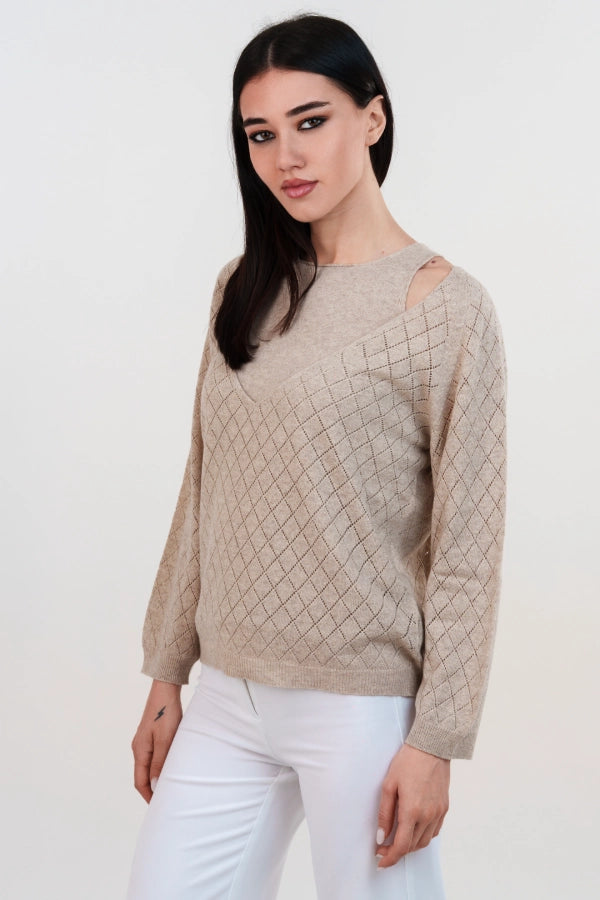 Twinset met opengewerkte V-hals en effen gebreid tanktopje van kasjmiermix