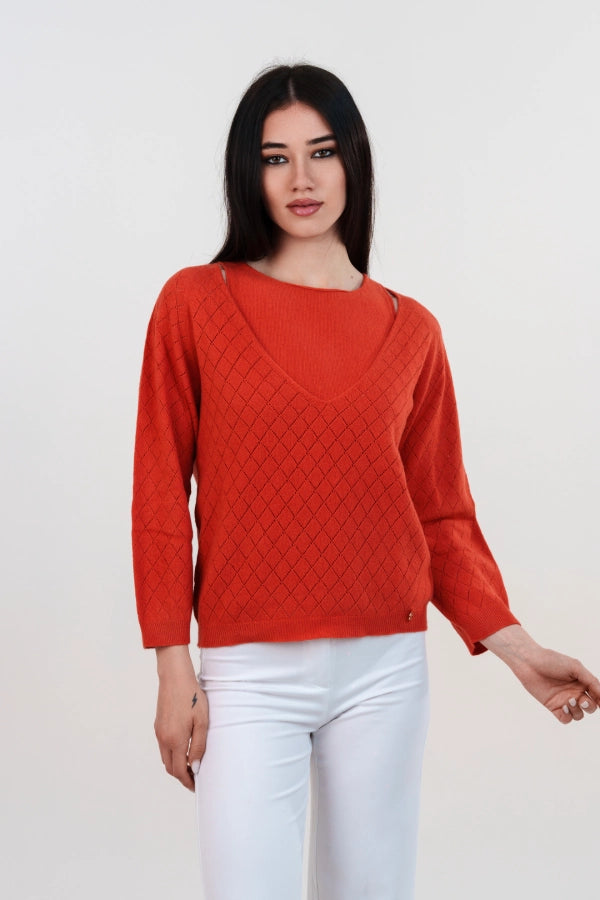 Twin set con scollo a V traforato e canotta a maglia rasata in cashmere blend