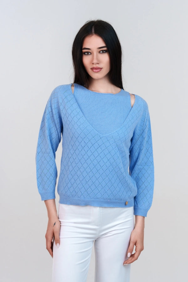 Twinset met opengewerkte V-hals en effen gebreid tanktopje van kasjmiermix