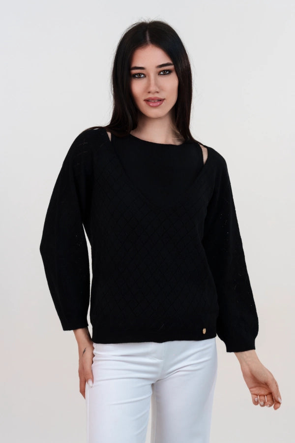 Twin set con scollo a V traforato e canotta a maglia rasata in cashmere blend