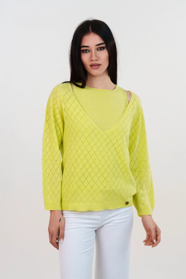 Twinset met opengewerkte V-hals en effen gebreid tanktopje van kasjmiermix