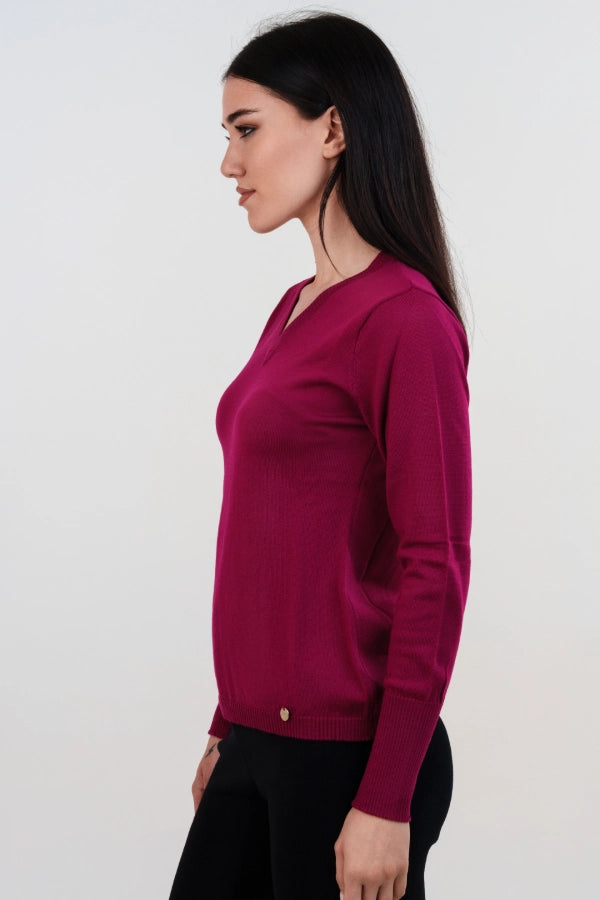 Pullover scollo a V basico a maglia rasata fine in lana merino