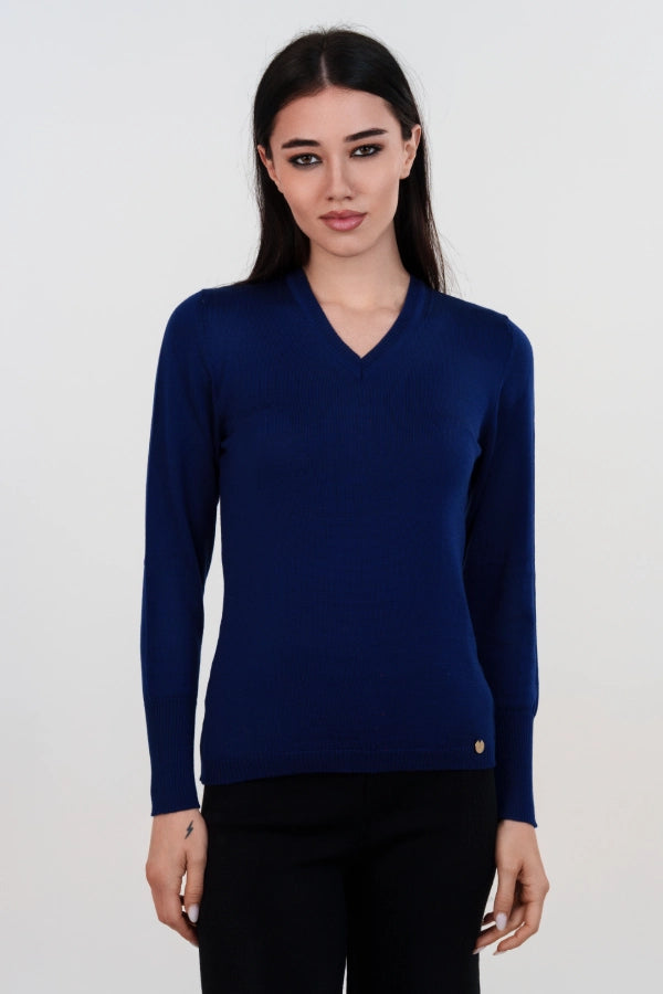 Pullover scollo a V basico a maglia rasata fine in lana merino