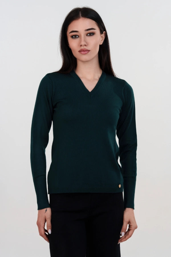 Pullover scollo a V basico a maglia rasata fine in lana merino