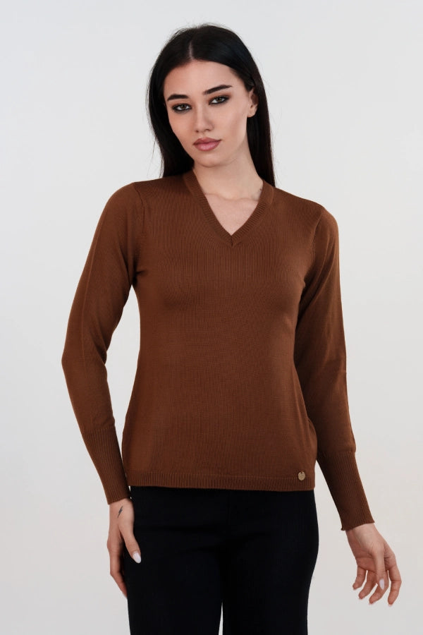 Pullover scollo a V basico a maglia rasata fine in lana merino