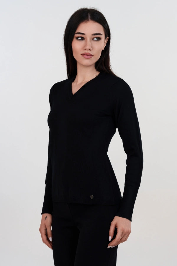 Pullover scollo a V basico a maglia rasata fine in lana merino
