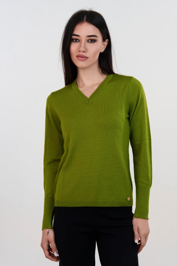 Pullover scollo a V basico a maglia rasata fine in lana merino