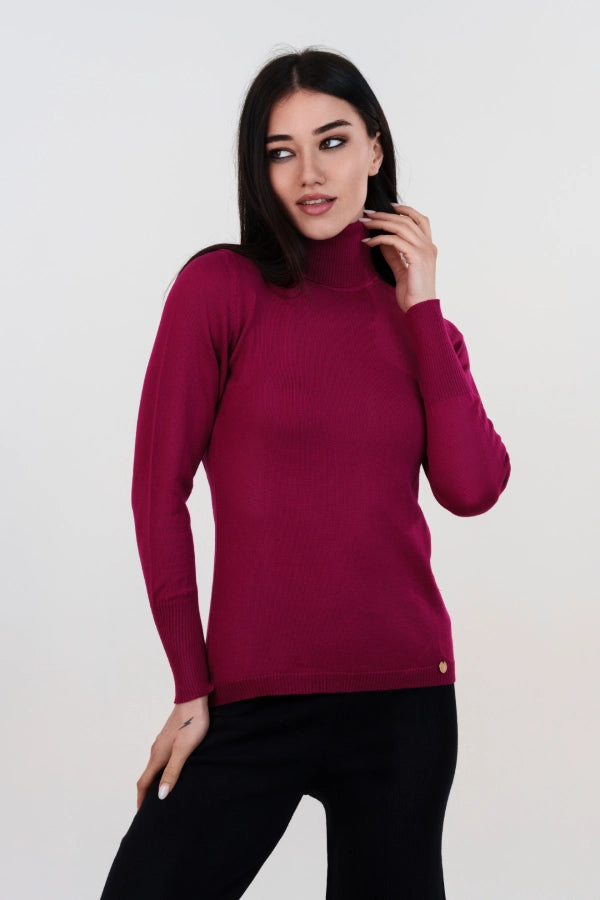 Pullover dolcevita basico a maglia rasata fine in lana merino