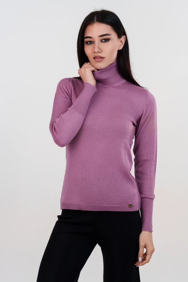 Pullover dolcevita basico a maglia rasata fine in lana merino