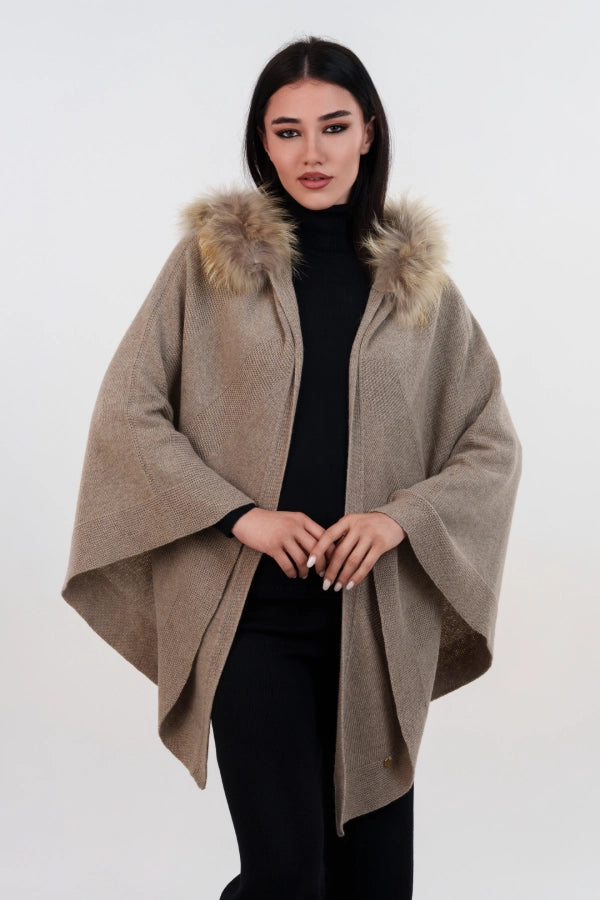 Mantella con cappuccio bordato in lana e cashmere