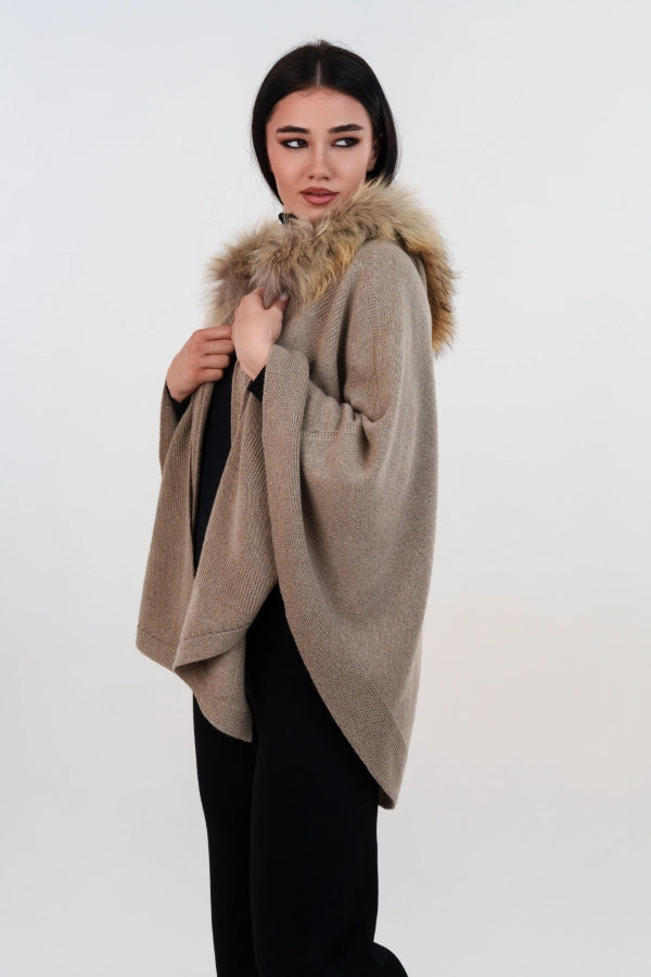 Mantella con cappuccio bordato in lana e cashmere