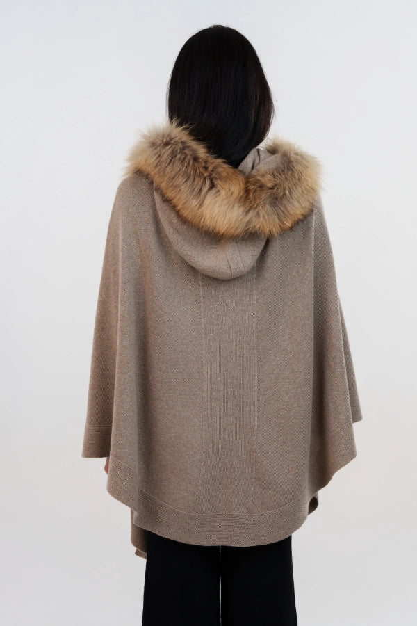 Mantella con cappuccio bordato in lana e cashmere