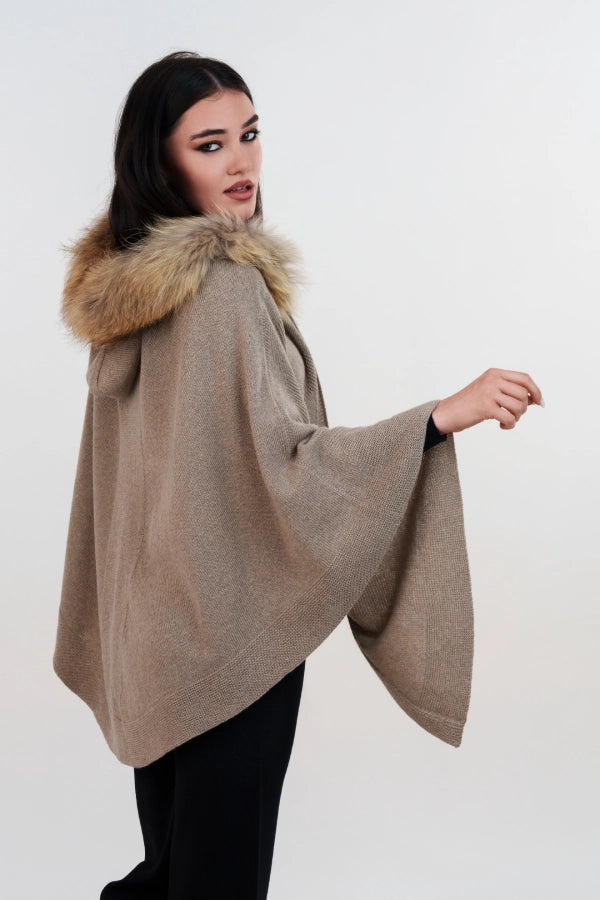 Mantella con cappuccio bordato in lana e cashmere