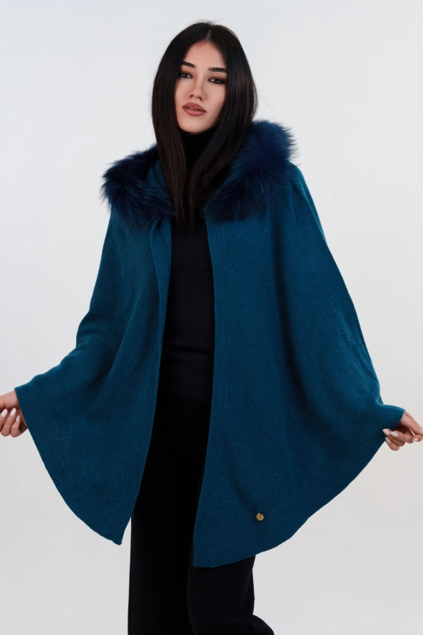 Mantella con cappuccio bordato in lana e cashmere