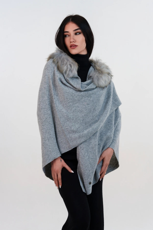 Mantella con cappuccio bordato in lana e cashmere