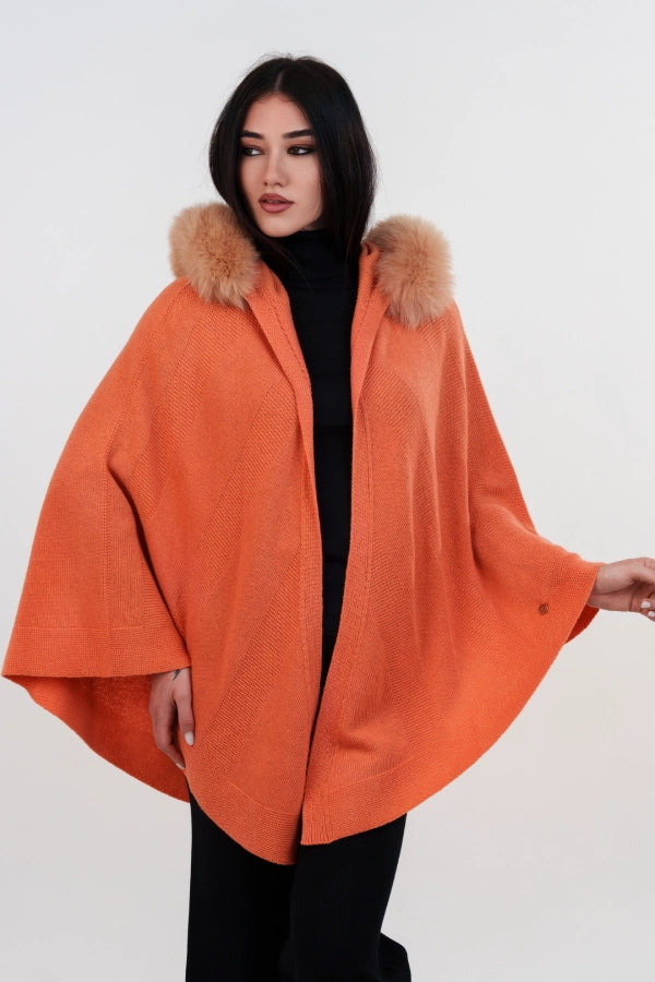 Mantella con cappuccio bordato in lana e cashmere
