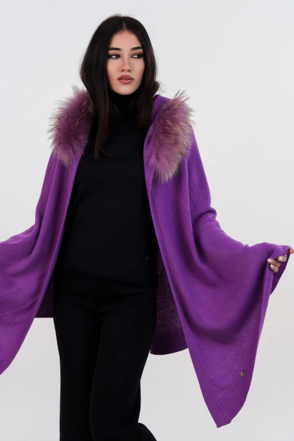 Mantella con cappuccio bordato in lana e cashmere