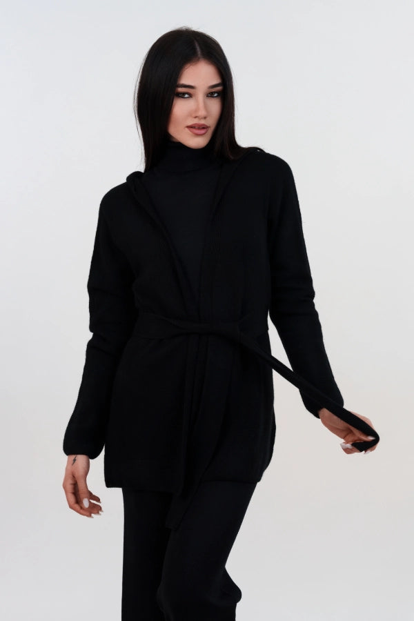 Cardigan seamless con cappuccio e cintura in cashmere blend