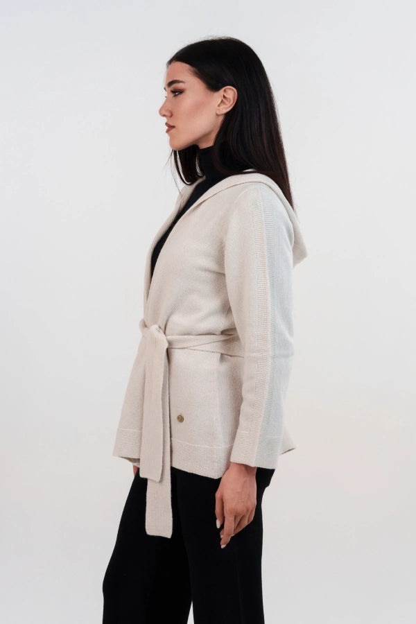 Cardigan seamless con cappuccio e cintura in cashmere blend