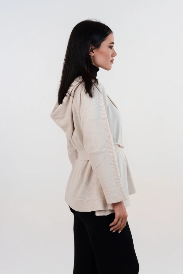 Cardigan seamless con cappuccio e cintura in cashmere blend