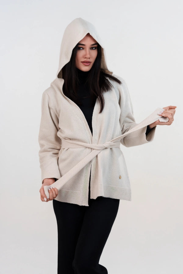 Cardigan seamless con cappuccio e cintura in cashmere blend