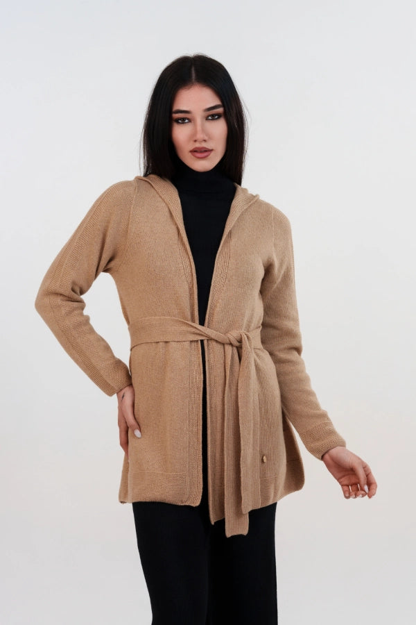 Cardigan seamless con cappuccio e cintura in cashmere blend