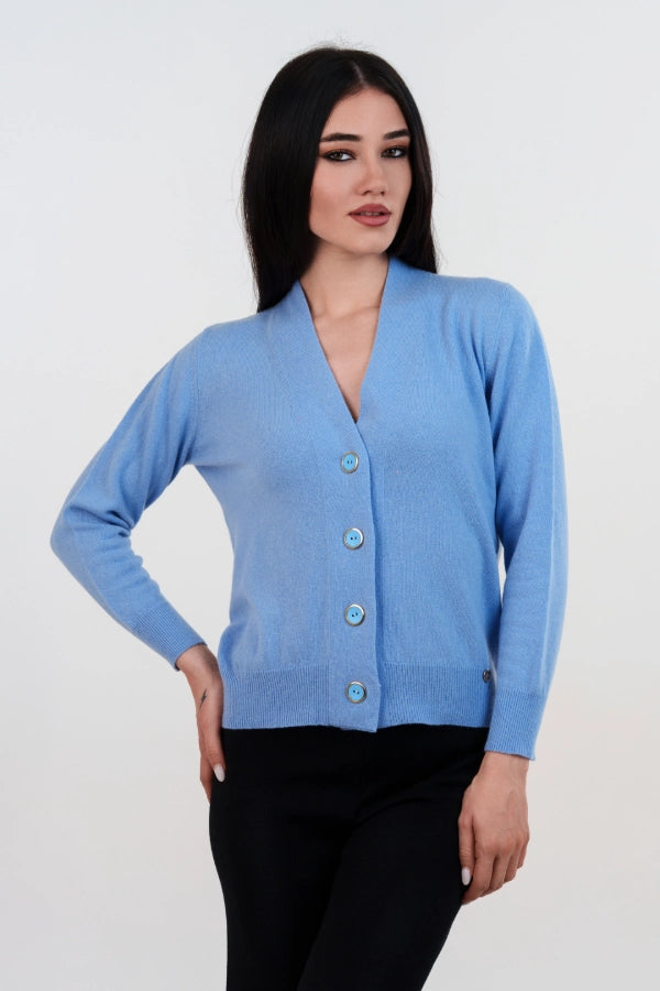 Cardigan scollo a V in cashmere blend con bottoni in tinta
