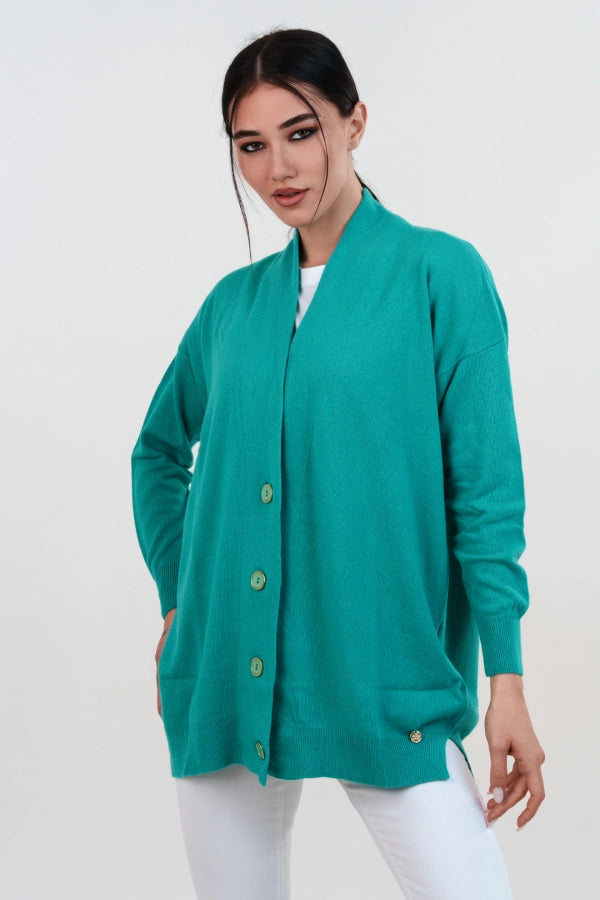 Cardigan lungo lana e cashmere con bottoni in tinta