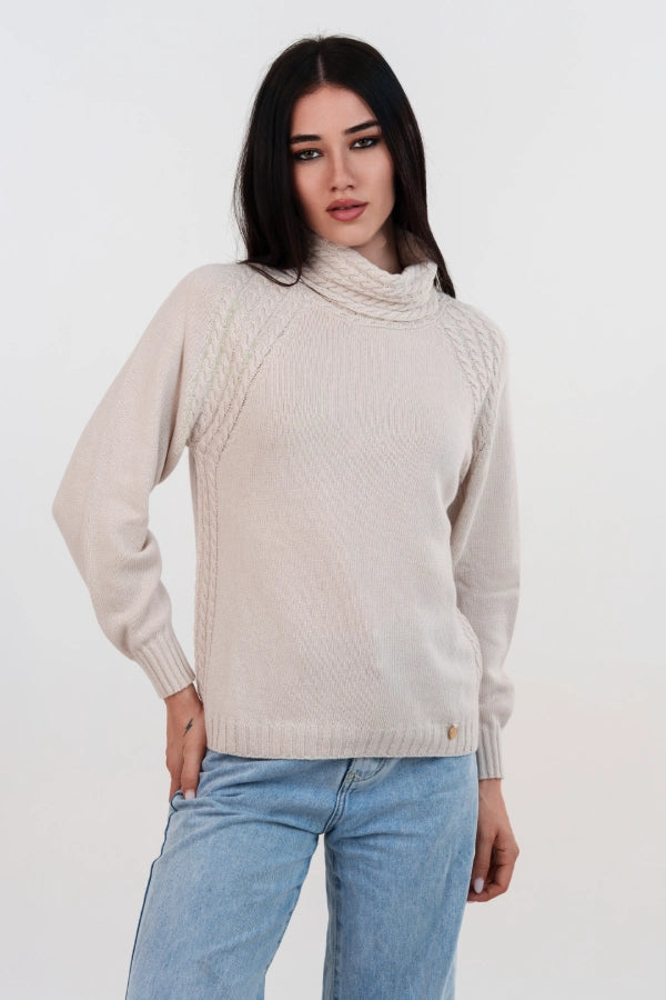 Raglan ronde hals trui met kabelgebreide inzetstukken van kasjmiermix