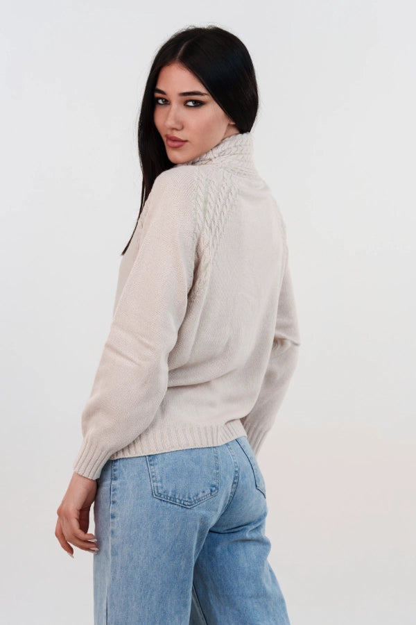 Pullover collo anello raglan con inserti a trecce in cashmere blend