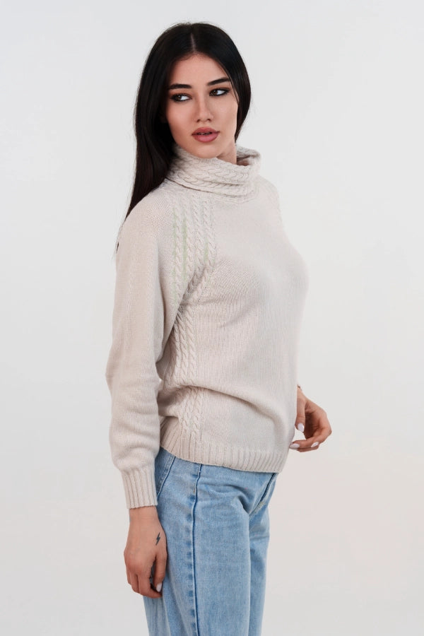 Pullover collo anello raglan con inserti a trecce in cashmere blend