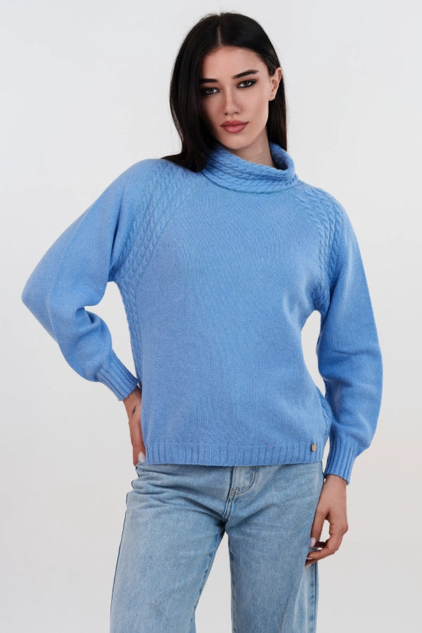 Pullover collo anello raglan con inserti a trecce in cashmere blend