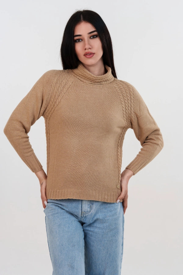 Pullover collo anello raglan con inserti a trecce in cashmere blend
