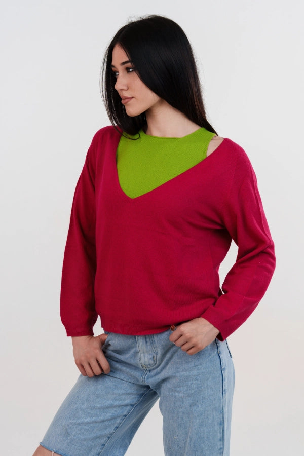 Tweekleurige twinset van kasjmiermix met V-hals en effen tanktop