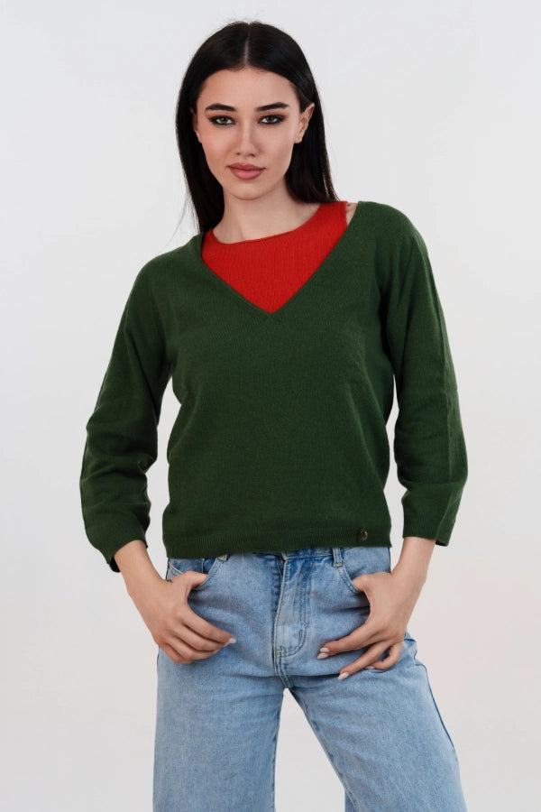 Twin set bicolore cashmere blend scollo a V e canotta a rasato