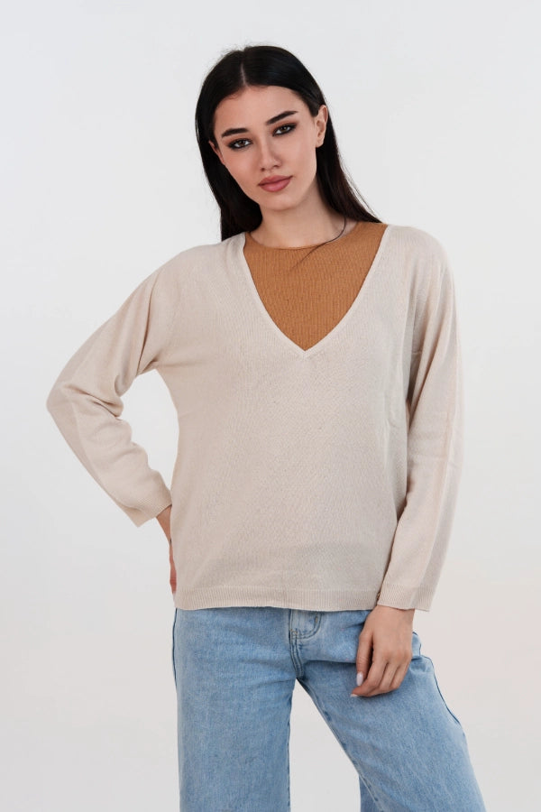 Twin set bicolore cashmere blend scollo a V e canotta a rasato