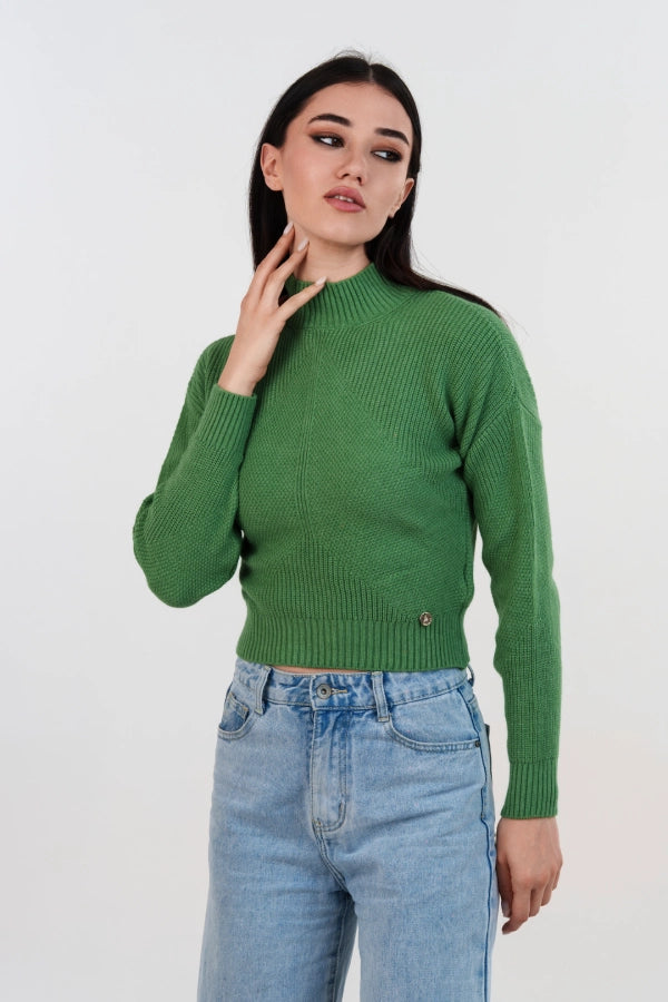 Pullover mezzo collo crop con motivo trasversale in lana e viscosa
