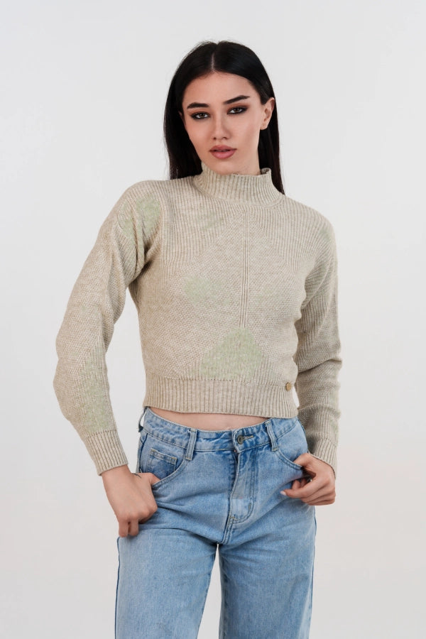 Pullover mezzo collo crop con motivo trasversale in lana e viscosa