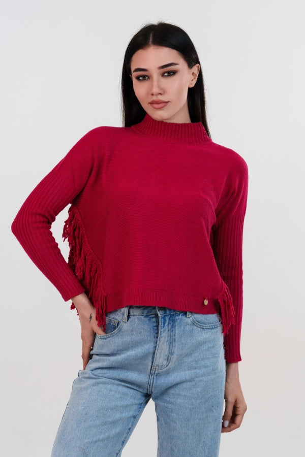 Pullover crop mezzo collo cashmere blend con frange