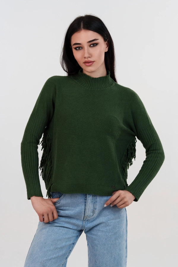 Pullover crop mezzo collo cashmere blend con frange