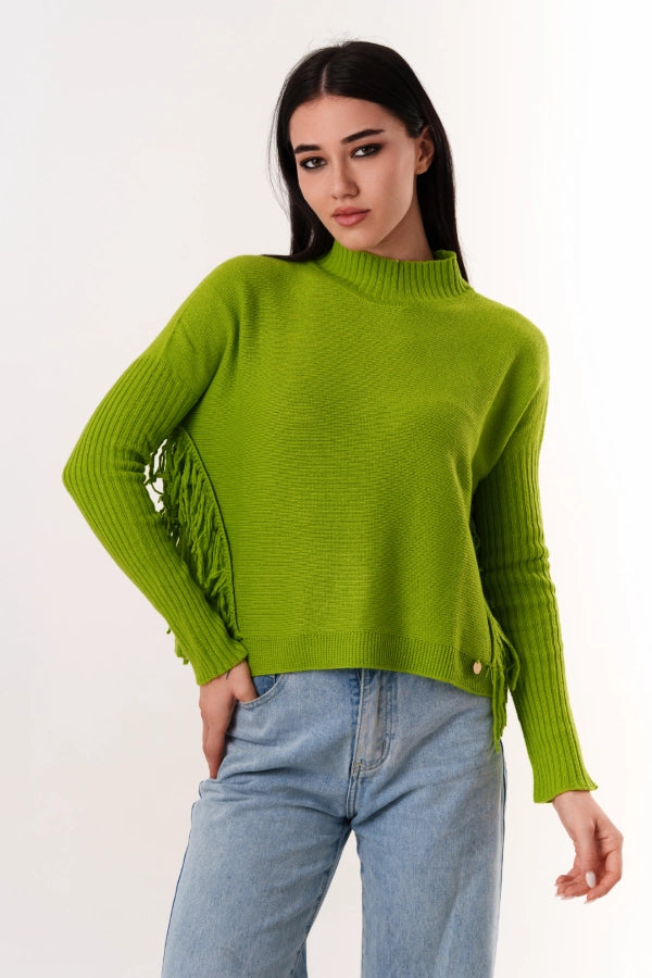 Pullover crop mezzo collo cashmere blend con frange