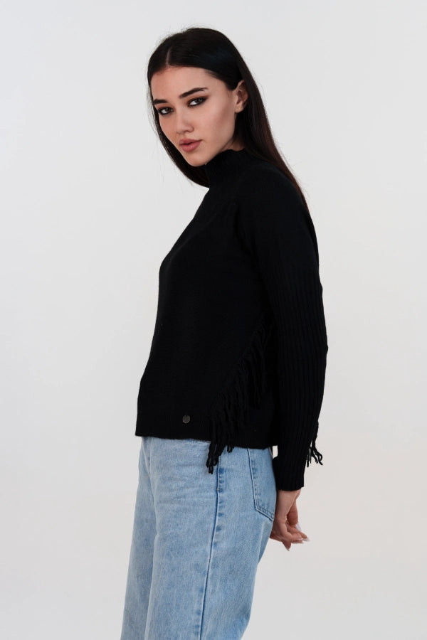 Pullover crop mezzo collo cashmere blend con frange