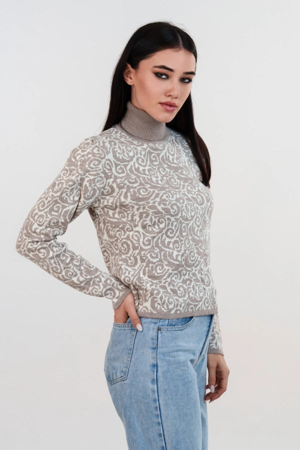 Pullover dolcevita bicolore in jacquard damascato