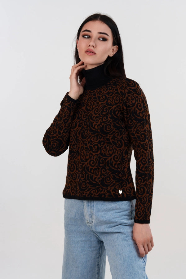 Pullover dolcevita bicolore in jacquard damascato
