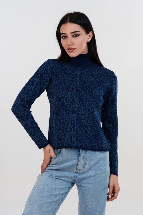 Pullover dolcevita bicolore in jacquard damascato