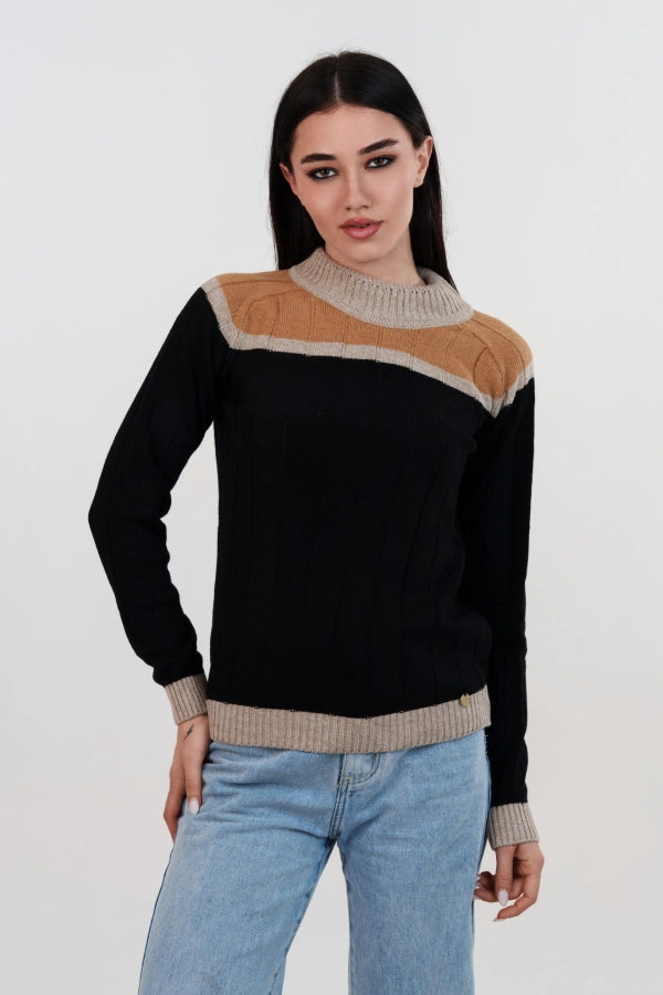 Pullover mezzo collo a coste larghe rigato con manica martello