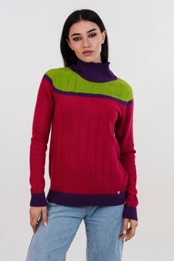 Pullover mezzo collo a coste larghe rigato con manica martello